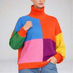 SWANK New Color-Block Turtleneck Knit Sweater